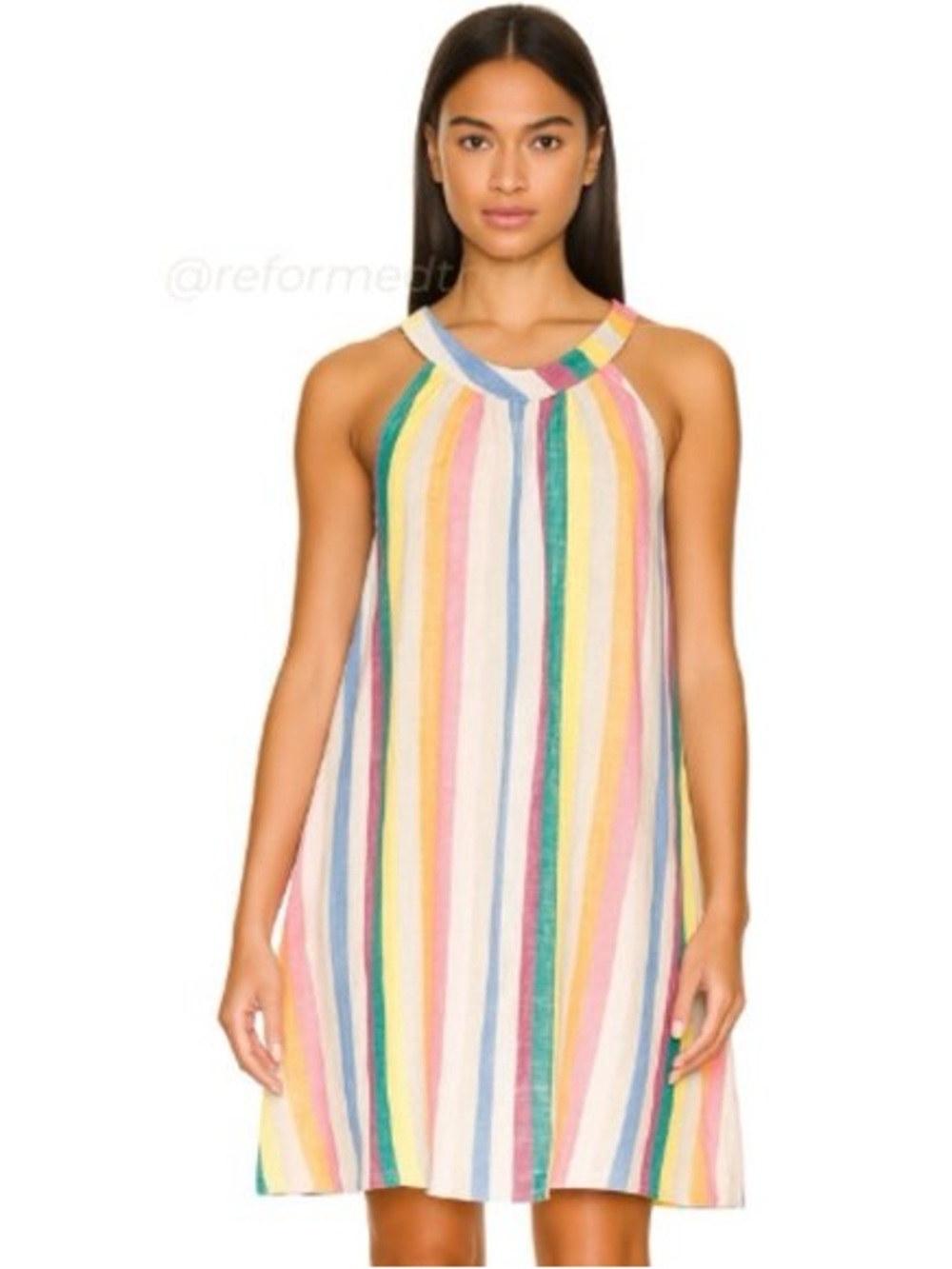 C&C California Multicolor Stripe 100% Linen Dress — Pink, Blue, Green, Yellow